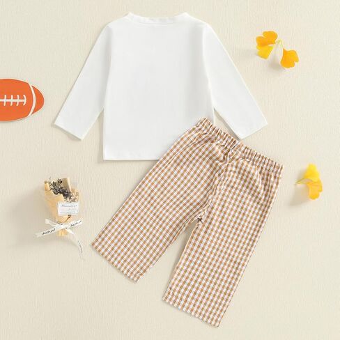 Baby Boy Football Outfit Tractor with Rugby Embroidery Pullover Shirt Gingham Pants Toddler Game Day Fall Clothes in Kuwait