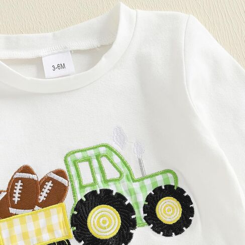 Baby Boy Football Outfit Tractor with Rugby Embroidery Pullover Shirt Gingham Pants Toddler Game Day Fall Clothes in Kuwait