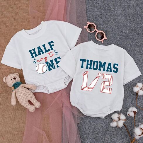 Personalized Half Birthday Outfit Baby Boy, 1/2 Birthday Boy Bubble Romper, Half Way To One Boy Bodysuit in Saudi Arabia