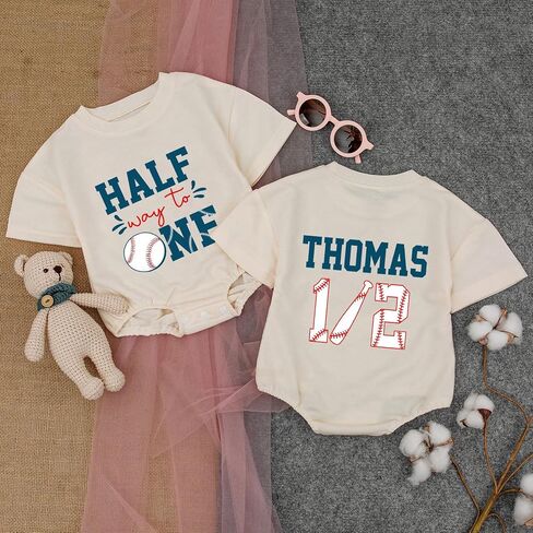 Personalized Half Birthday Outfit Baby Boy, 1/2 Birthday Boy Bubble Romper, Half Way To One Boy Bodysuit in Saudi Arabia