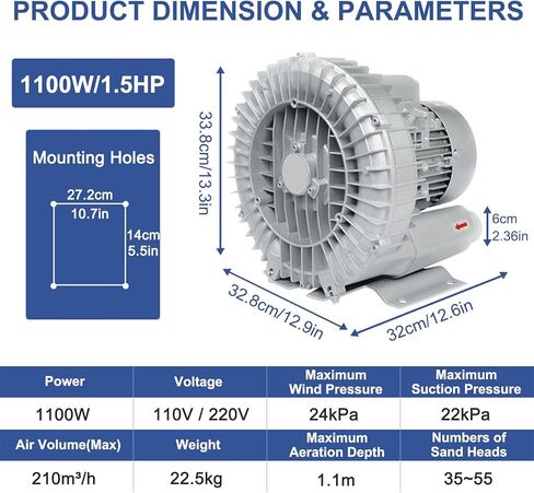 منفاخ حلقة دوامة المنفاخ الصناعي التجديدي 250W/370W/550W/750W/1100W/1500W/2200W ، منفاخ التوربينات أحادي الطور لبركة تربية الأحياء المائية ، 1100W/1.5HP in Kuwait