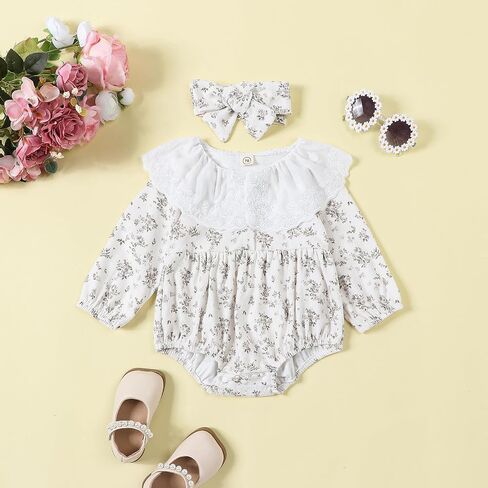 Infant Baby Girls 2Pcs Soft Corduroy Bodysuit Outfits Set Doll Collar Floral Print Romper with Headband Suit in Kuwait