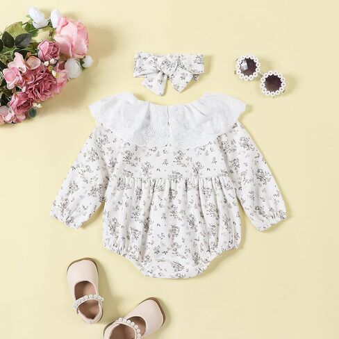 Infant Baby Girls 2Pcs Soft Corduroy Bodysuit Outfits Set Doll Collar Floral Print Romper with Headband Suit in Kuwait