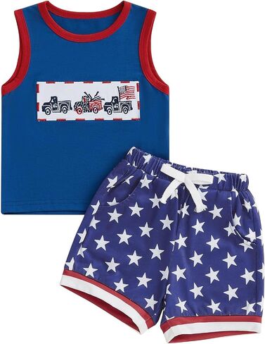 Toddler Baby Boy 4th of July Outfit American Flag Embroidery Crew Neck Sleeveless Tank Tops and Shorts 2 Pcs Set in Saudi Arabia