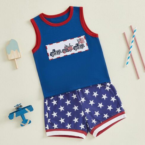 Toddler Baby Boy 4th of July Outfit American Flag Embroidery Crew Neck Sleeveless Tank Tops and Shorts 2 Pcs Set in Saudi Arabia