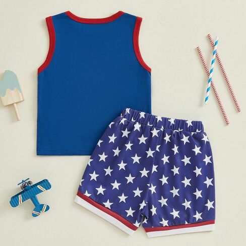 Toddler Baby Boy 4th of July Outfit American Flag Embroidery Crew Neck Sleeveless Tank Tops and Shorts 2 Pcs Set in Saudi Arabia