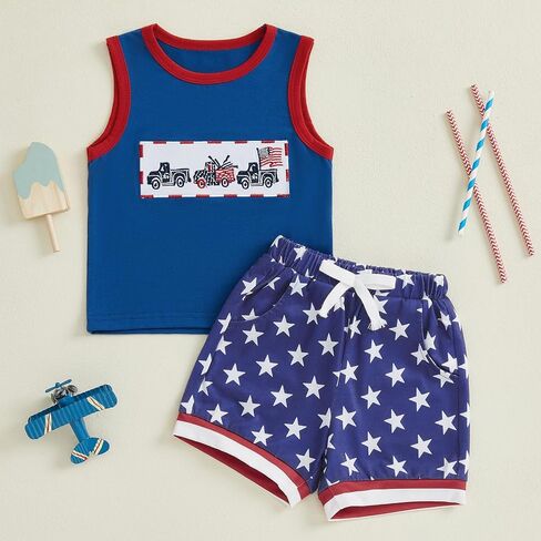 Toddler Baby Boy 4th of July Outfit American Flag Embroidery Crew Neck Sleeveless Tank Tops and Shorts 2 Pcs Set in Saudi Arabia