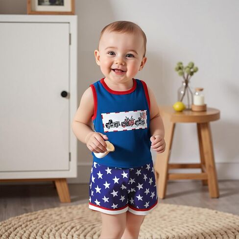 Toddler Baby Boy 4th of July Outfit American Flag Embroidery Crew Neck Sleeveless Tank Tops and Shorts 2 Pcs Set in Saudi Arabia