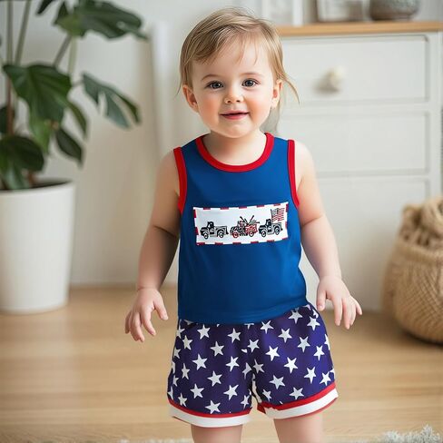 Toddler Baby Boy 4th of July Outfit American Flag Embroidery Crew Neck Sleeveless Tank Tops and Shorts 2 Pcs Set in Saudi Arabia