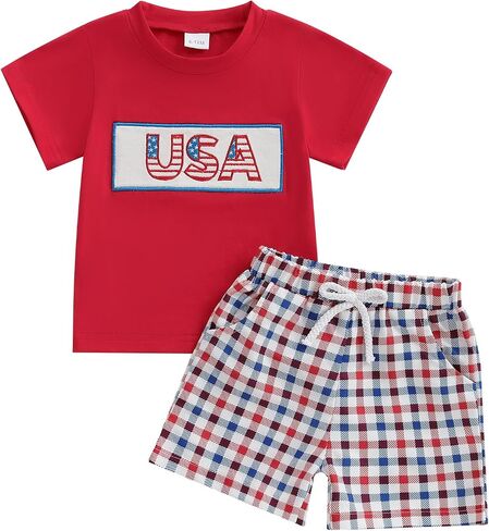 4th of July Baby Boy Summer Outfit Embroidery Letters T-shirt Plaid Shorts Set Toddler Fourth of July Clothes in Saudi Arabia