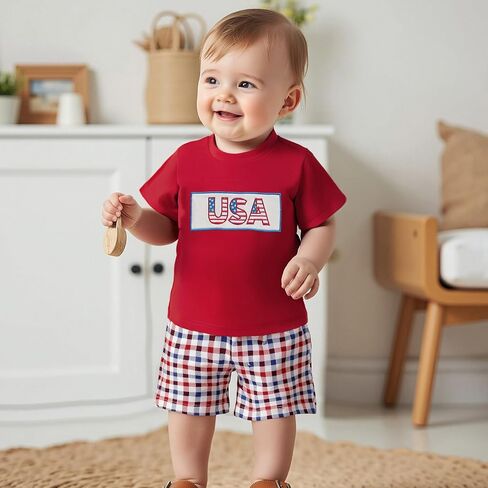 4th of July Baby Boy Summer Outfit Embroidery Letters T-shirt Plaid Shorts Set Toddler Fourth of July Clothes in Saudi Arabia