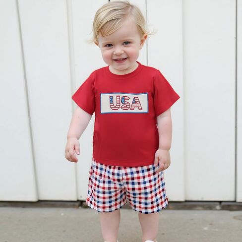 4th of July Baby Boy Summer Outfit Embroidery Letters T-shirt Plaid Shorts Set Toddler Fourth of July Clothes in Saudi Arabia