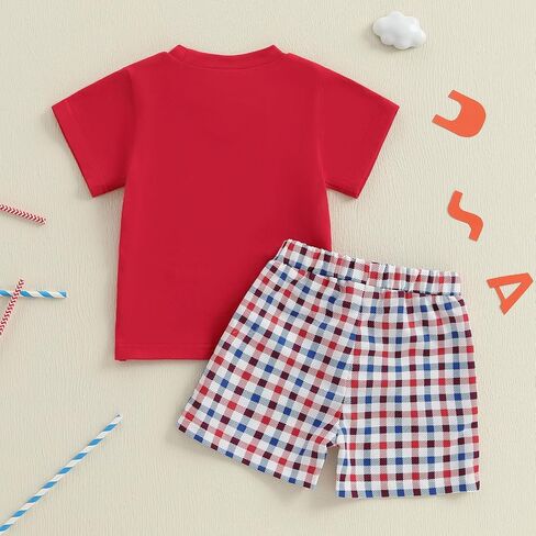 4th of July Baby Boy Summer Outfit Embroidery Letters T-shirt Plaid Shorts Set Toddler Fourth of July Clothes in Saudi Arabia