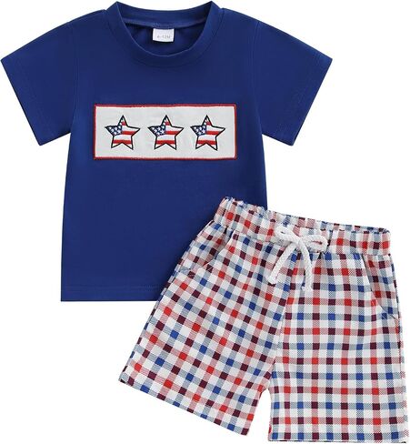4th of July Baby Boy Summer Outfit Embroidery Letters T-shirt Plaid Shorts Set Toddler Fourth of July Clothes in Saudi Arabia