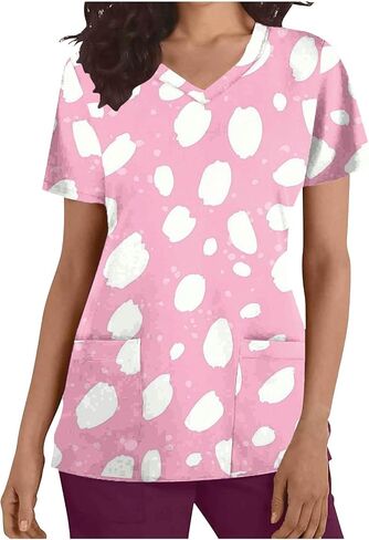 Womens Nurse Work Uniforms with Pockets Scrub Tops V Neck Short Sleeve Work T-Shirt Tunic Blouse in Saudi Arabia