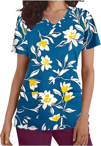Womens Nurse Work Uniforms with Pockets Scrub Tops V Neck Short Sleeve Work T-Shirt Tunic Blouse in Saudi Arabia
