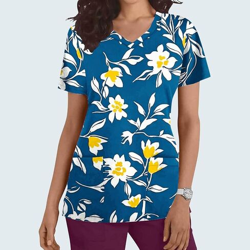 Womens Nurse Work Uniforms with Pockets Scrub Tops V Neck Short Sleeve Work T-Shirt Tunic Blouse in Saudi Arabia