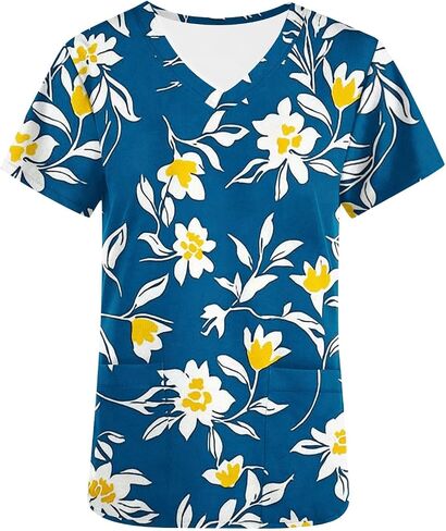 Womens Nurse Work Uniforms with Pockets Scrub Tops V Neck Short Sleeve Work T-Shirt Tunic Blouse in Saudi Arabia