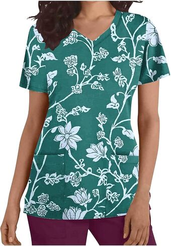 Womens Nurse Work Uniforms with Pockets Scrub Tops V Neck Short Sleeve Work T-Shirt Tunic Blouse in Saudi Arabia