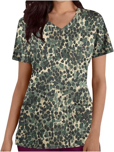 Womens Nurse Work Uniforms Printed Scrub Tops with Pockets V Neck Short Sleeve Work T-Shirt Tunic Blouse in Saudi Arabia