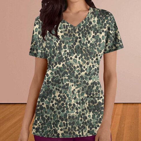 Womens Nurse Work Uniforms Printed Scrub Tops with Pockets V Neck Short Sleeve Work T-Shirt Tunic Blouse in Saudi Arabia