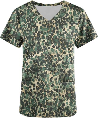 Womens Nurse Work Uniforms Printed Scrub Tops with Pockets V Neck Short Sleeve Work T-Shirt Tunic Blouse in Saudi Arabia