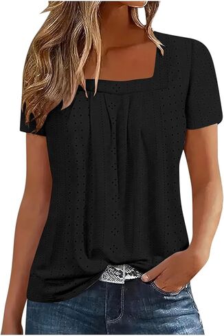 Womens Eyelet Embroidery Tops Short Sleeve Summer Dressy Casual Crochet Shirts Square Neck Breathable Blouse in Saudi Arabia