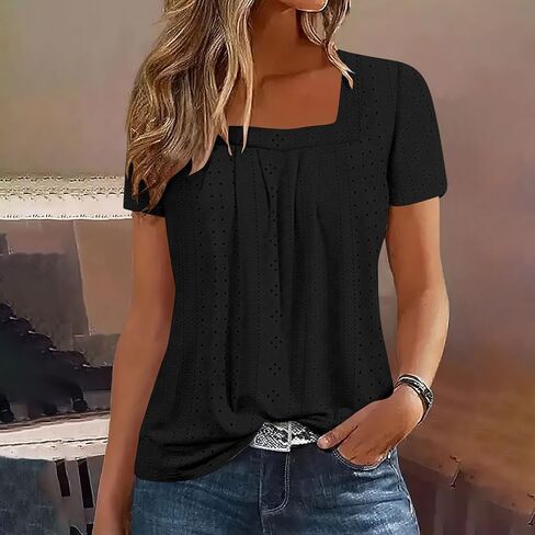 Womens Eyelet Embroidery Tops Short Sleeve Summer Dressy Casual Crochet Shirts Square Neck Breathable Blouse in Saudi Arabia