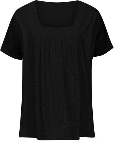 Womens Eyelet Embroidery Tops Short Sleeve Summer Dressy Casual Crochet Shirts Square Neck Breathable Blouse in Saudi Arabia