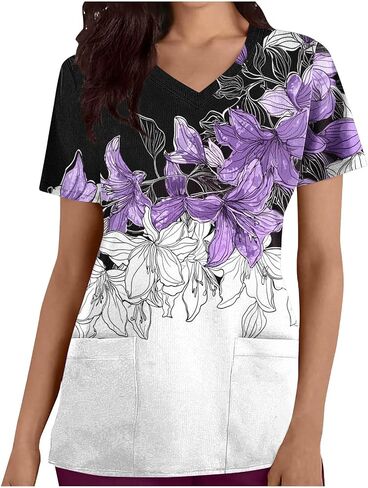 Womens Nurse Work Uniforms Printed Scrub Tops with Pockets V Neck Short Sleeve Work T-Shirt Tunic Blouse in Saudi Arabia