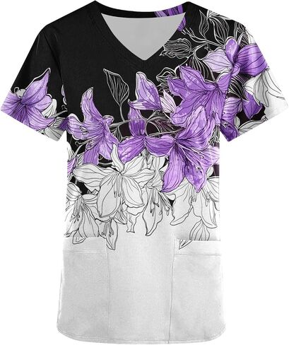 Womens Nurse Work Uniforms Printed Scrub Tops with Pockets V Neck Short Sleeve Work T-Shirt Tunic Blouse in Saudi Arabia