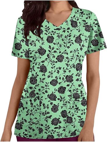 Womens Nurse Work Uniforms Printed Scrub Tops with Pockets V Neck Short Sleeve Work T-Shirt Tunic Blouse in Saudi Arabia