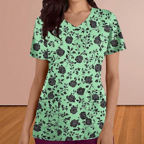 Womens Nurse Work Uniforms Printed Scrub Tops with Pockets V Neck Short Sleeve Work T-Shirt Tunic Blouse in Saudi Arabia