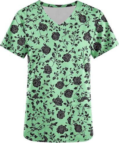 Womens Nurse Work Uniforms Printed Scrub Tops with Pockets V Neck Short Sleeve Work T-Shirt Tunic Blouse in Saudi Arabia