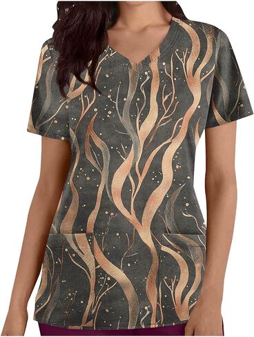 Womens Nurse Work Uniforms Printed Scrub Tops with Pockets V Neck Short Sleeve Work T-Shirt Tunic Blouse in Saudi Arabia
