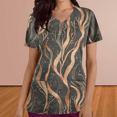 Womens Nurse Work Uniforms Printed Scrub Tops with Pockets V Neck Short Sleeve Work T-Shirt Tunic Blouse in Saudi Arabia
