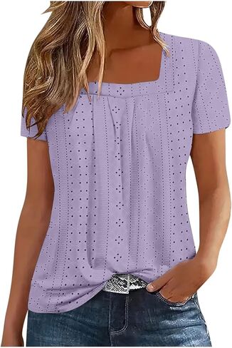 Womens Eyelet Embroidery Tops Short Sleeve Summer Dressy Casual Crochet Shirts Square Neck Breathable Blouse in Saudi Arabia