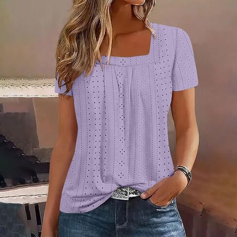 Womens Eyelet Embroidery Tops Short Sleeve Summer Dressy Casual Crochet Shirts Square Neck Breathable Blouse in Saudi Arabia