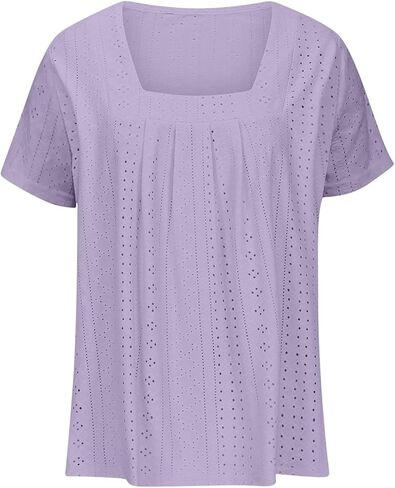 Womens Eyelet Embroidery Tops Short Sleeve Summer Dressy Casual Crochet Shirts Square Neck Breathable Blouse in Saudi Arabia