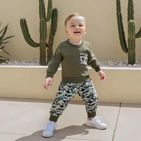 Toddler Boy Fall Winter Clothes Baby Camo Outfits Retro Duck Embroidery Hunting Sweatshirts + Camouflage Pants Set in Saudi Arabia