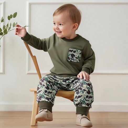 Toddler Boy Fall Winter Clothes Baby Camo Outfits Retro Duck Embroidery Hunting Sweatshirts + Camouflage Pants Set in Saudi Arabia
