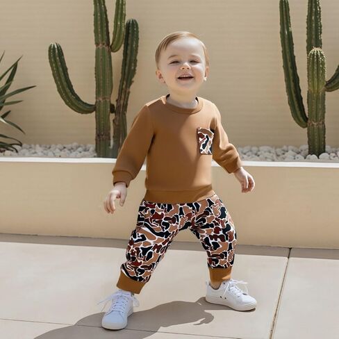Toddler Boy Fall Winter Clothes Baby Camo Outfits Retro Duck Embroidery Hunting Sweatshirts + Camouflage Pants Set in Saudi Arabia