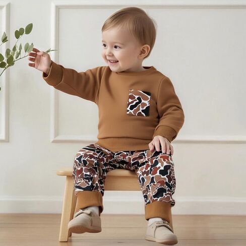 Toddler Boy Fall Winter Clothes Baby Camo Outfits Retro Duck Embroidery Hunting Sweatshirts + Camouflage Pants Set in Saudi Arabia