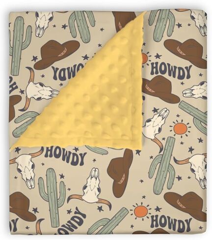 Mink Baby Boy بطانية بوهو الغربية Howdy Cowboy Hat ، Wild West Desert Cactus Sun Cow Soft Plush Plush Double Layer Scawing Detddle ، و Nevel Infant Todder Crib Crib Bedding 30x40 in Kuwait