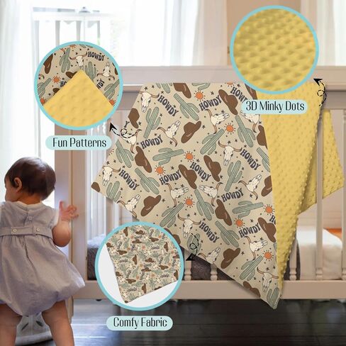 Mink Baby Boy بطانية بوهو الغربية Howdy Cowboy Hat ، Wild West Desert Cactus Sun Cow Soft Plush Plush Double Layer Scawing Detddle ، و Nevel Infant Todder Crib Crib Bedding 30x40 in Kuwait
