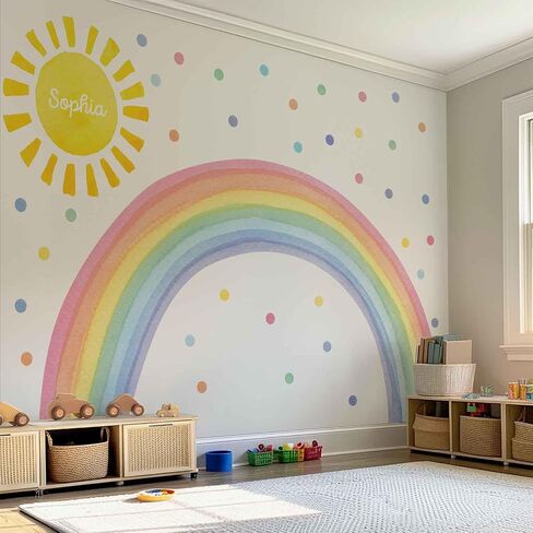 Watercolor Rainbow, Sun, Polka Dots Wall Decal for Kids Room, Nursery, Baby Room Decor, Polka Dots Mural, Rainbow Wallpaper (Rainbow-Sun-Polkadots, XXLarge) in Saudi Arabia