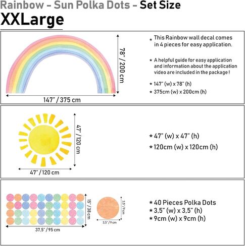 Watercolor Rainbow, Sun, Polka Dots Wall Decal for Kids Room, Nursery, Baby Room Decor, Polka Dots Mural, Rainbow Wallpaper (Rainbow-Sun-Polkadots, XXLarge) in Saudi Arabia
