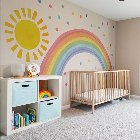 Watercolor Rainbow, Sun, Polka Dots Wall Decal for Kids Room, Nursery, Baby Room Decor, Polka Dots Mural, Rainbow Wallpaper (Rainbow-Sun-Polkadots, XXLarge) in Saudi Arabia