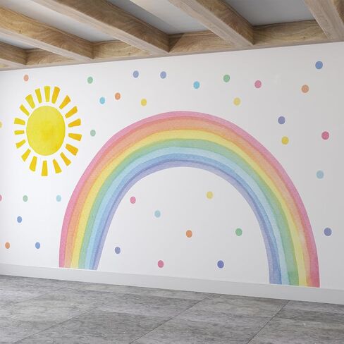 Watercolor Rainbow, Sun, Polka Dots Wall Decal for Kids Room, Nursery, Baby Room Decor, Polka Dots Mural, Rainbow Wallpaper (Rainbow-Sun-Polkadots, XXLarge) in Saudi Arabia