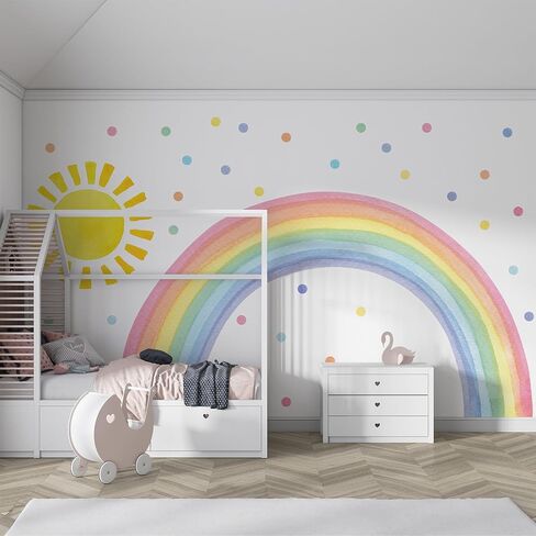 Watercolor Rainbow, Sun, Polka Dots Wall Decal for Kids Room, Nursery, Baby Room Decor, Polka Dots Mural, Rainbow Wallpaper (Rainbow-Sun-Polkadots, XXLarge) in Saudi Arabia